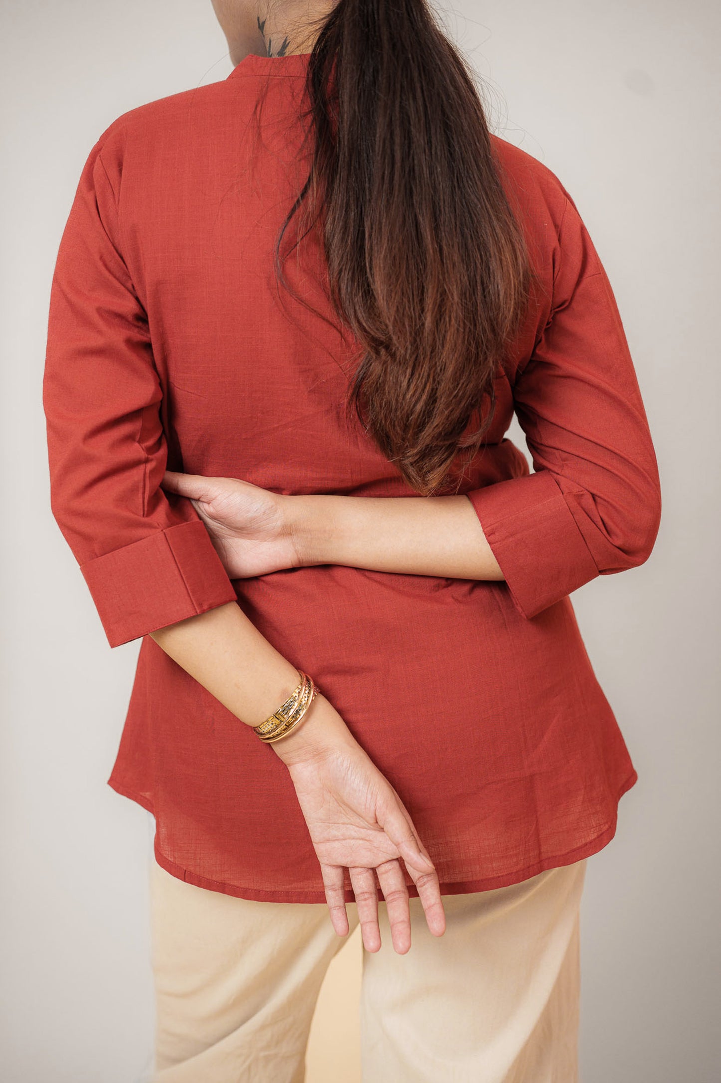 Maroon Cambric Cotton Mandarin Collar Tunic
