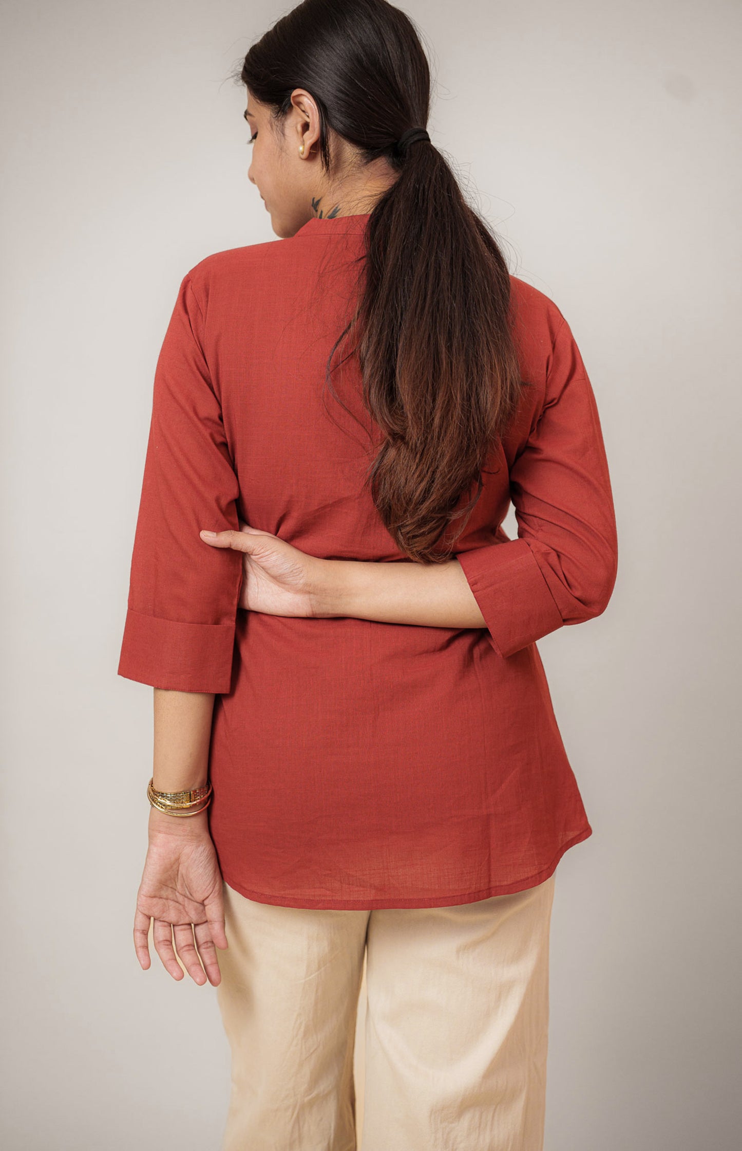 Maroon Cambric Cotton Mandarin Collar Tunic