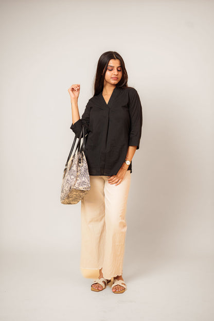 Black Cambric Cotton Mandarin Collar Tunic