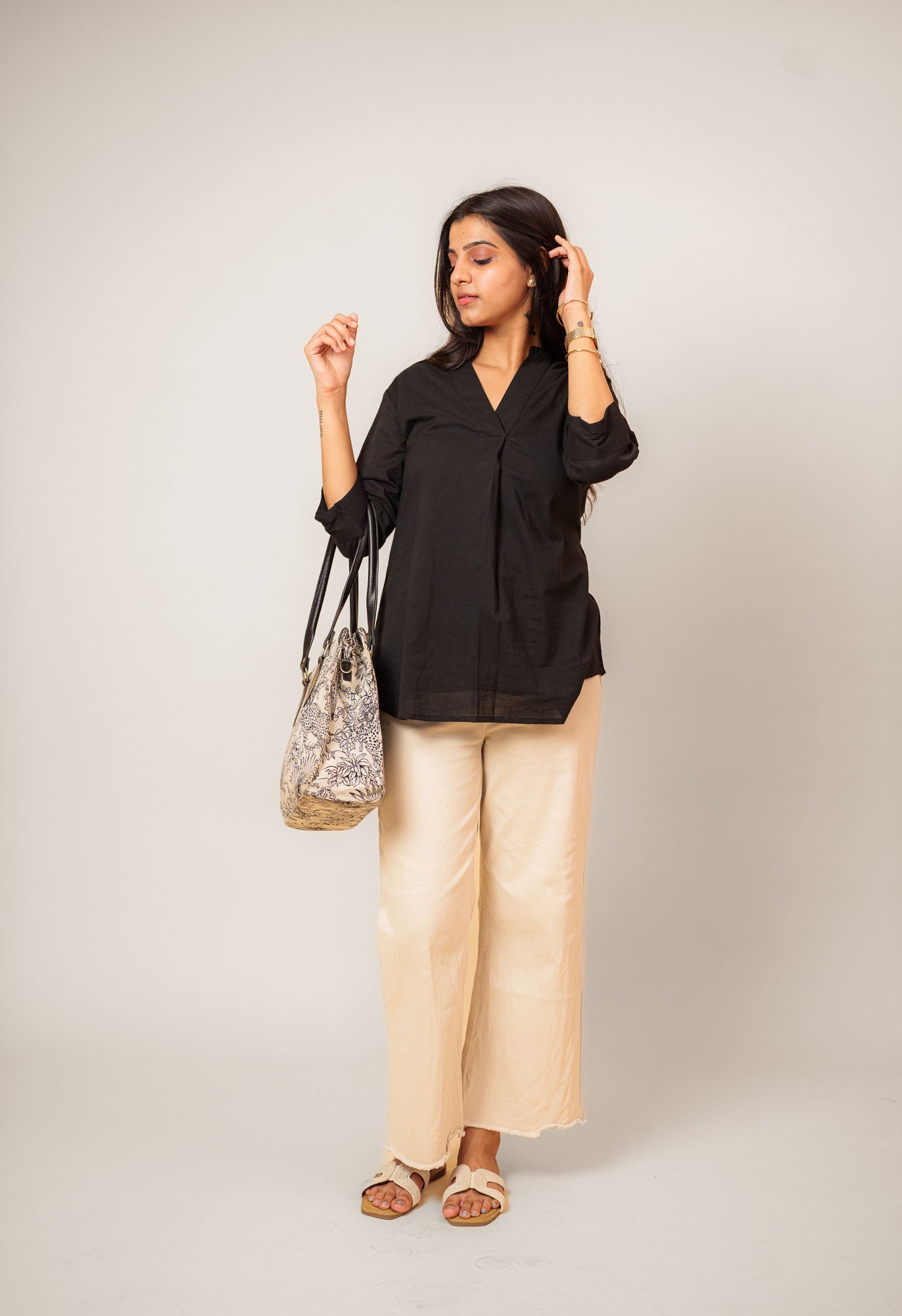 Black Cambric Cotton Mandarin Collar Tunic