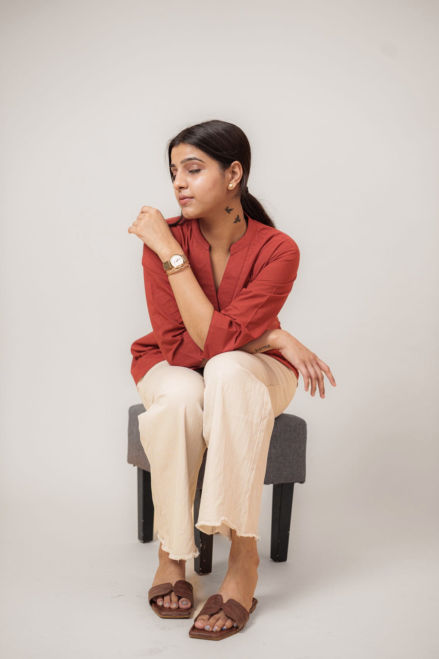 Maroon Cambric Cotton Mandarin Collar Tunic
