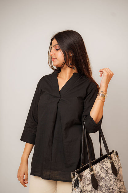Black Cambric Cotton Mandarin Collar Tunic