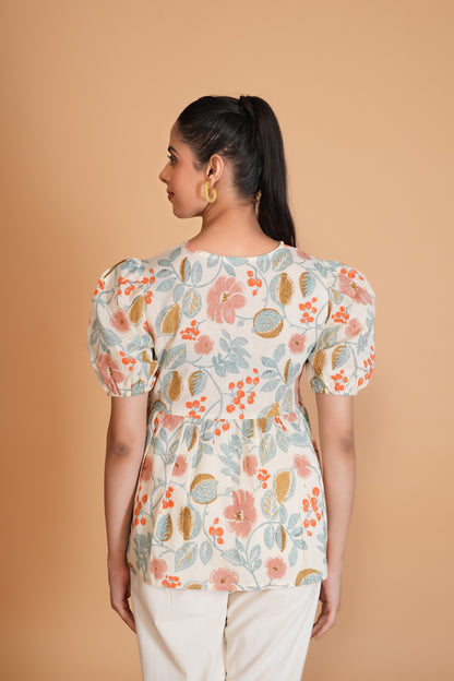 Off White Floral Alia Cut Cotton Top