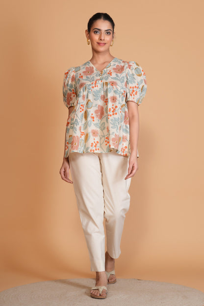 Off White Floral Alia Cut Cotton Top