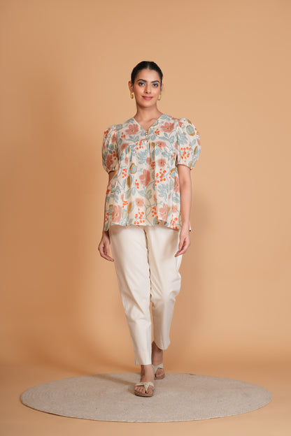 Off White Floral Alia Cut Cotton Top