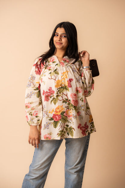 Off White Floral Printed Top