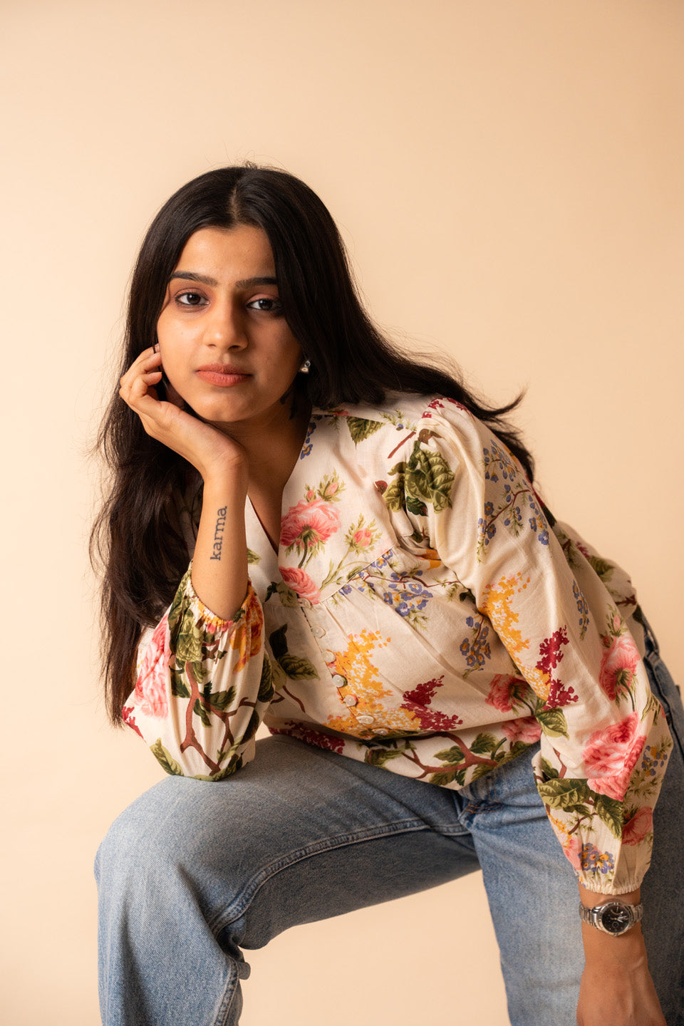 Off White Floral Printed Top