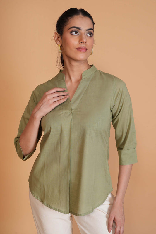 Olive Green Cambric Cotton Mandarin Collar Tunic