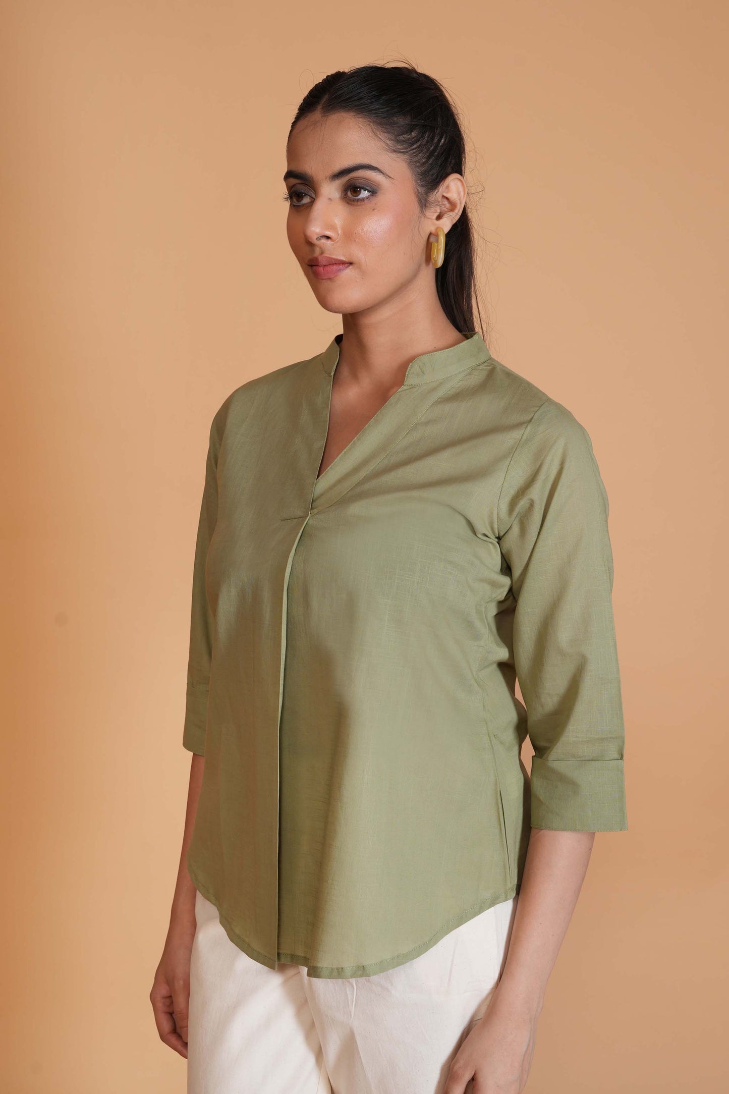 Olive Green Cambric Cotton Mandarin Collar Tunic