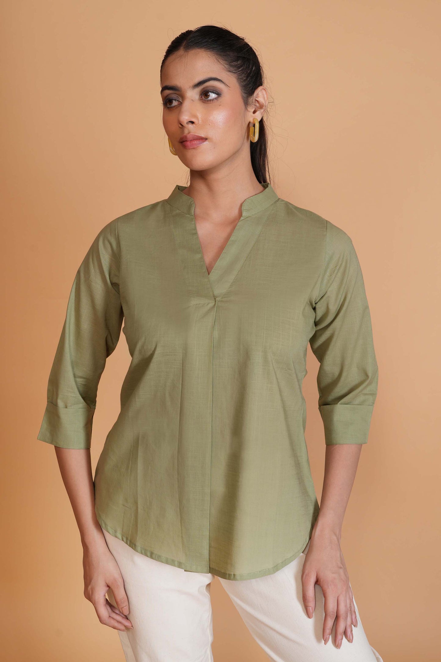 Olive Green Cambric Cotton Mandarin Collar Tunic