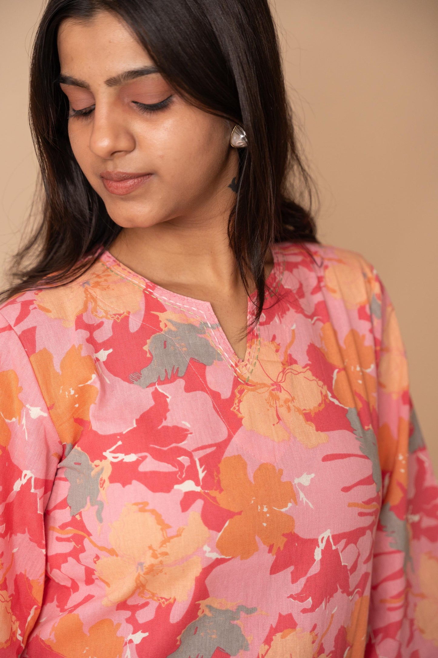 Pink Floral Printed Flex Cotton Tunic