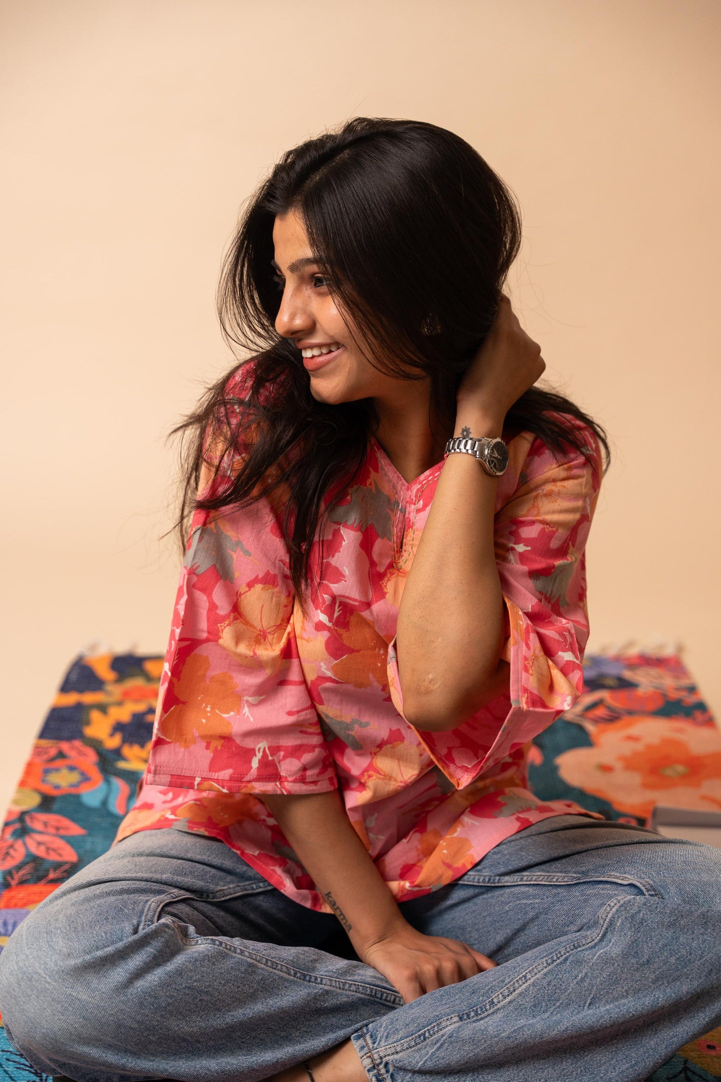 Pink Floral Printed Flex Cotton Tunic