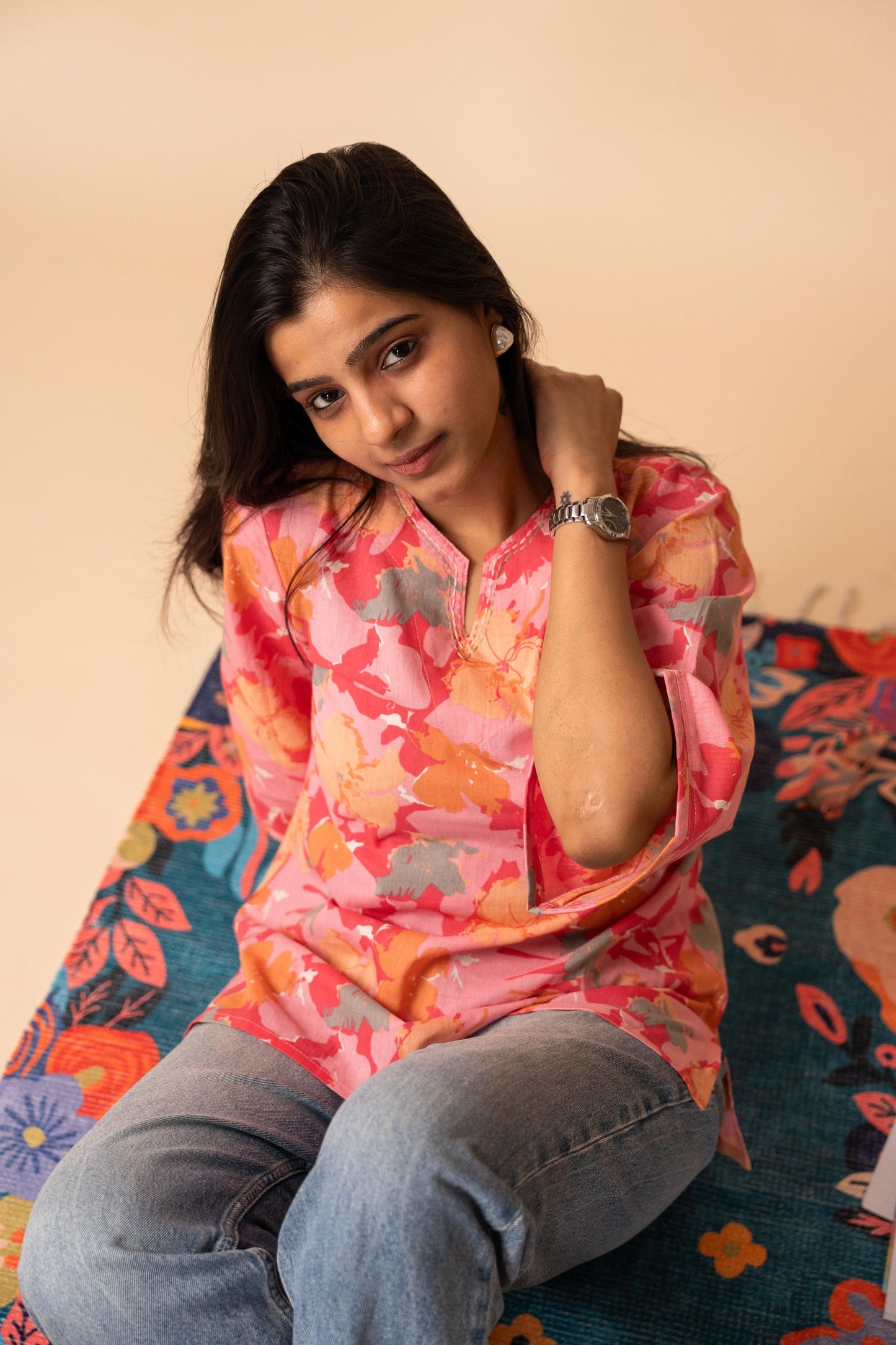 Pink Floral Printed Flex Cotton Tunic