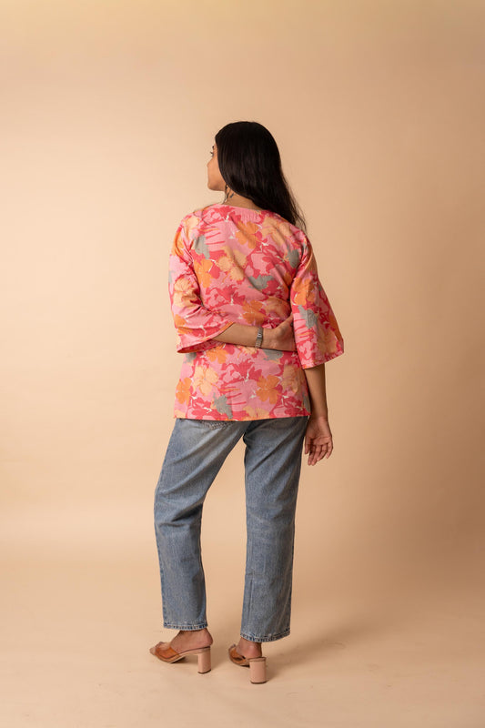 Pink Floral Printed Flex Cotton Tunic