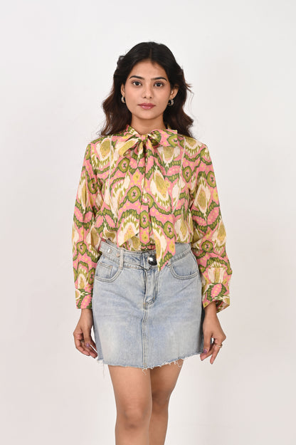 Pink Ikat Neck Tie Shirt