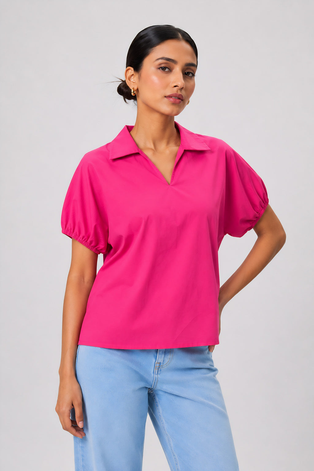 fabric detail of Pink Poplin Collared Shirt with collared-v-neck featuring gathered detail, women's tunic