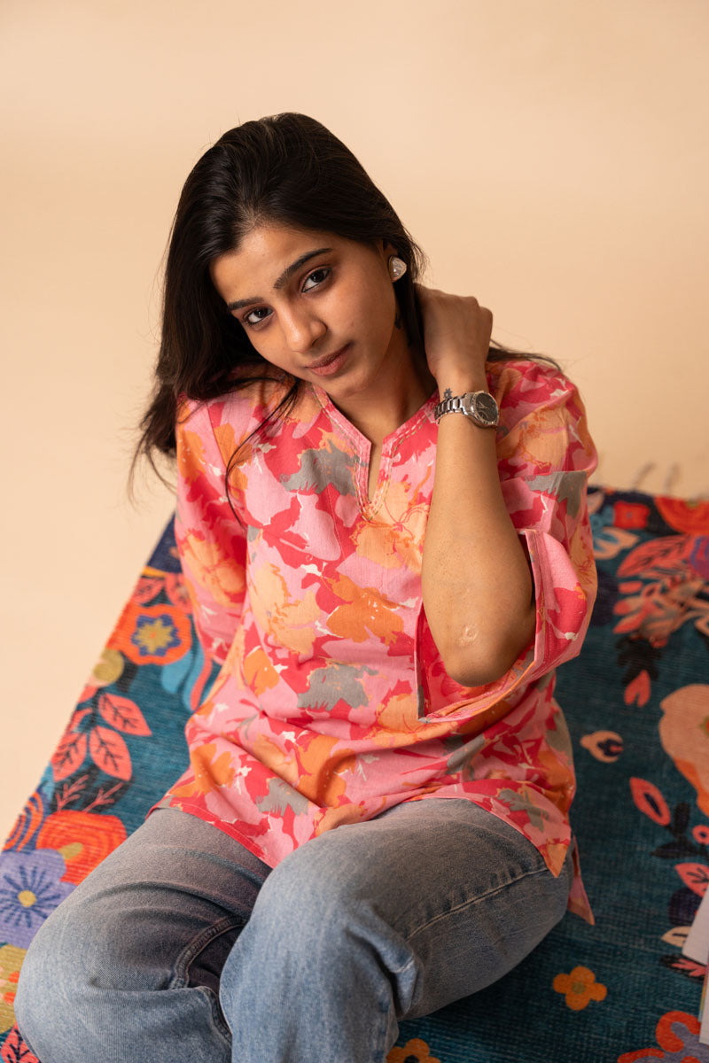 Pink Floral Flex Cotton Tunic
