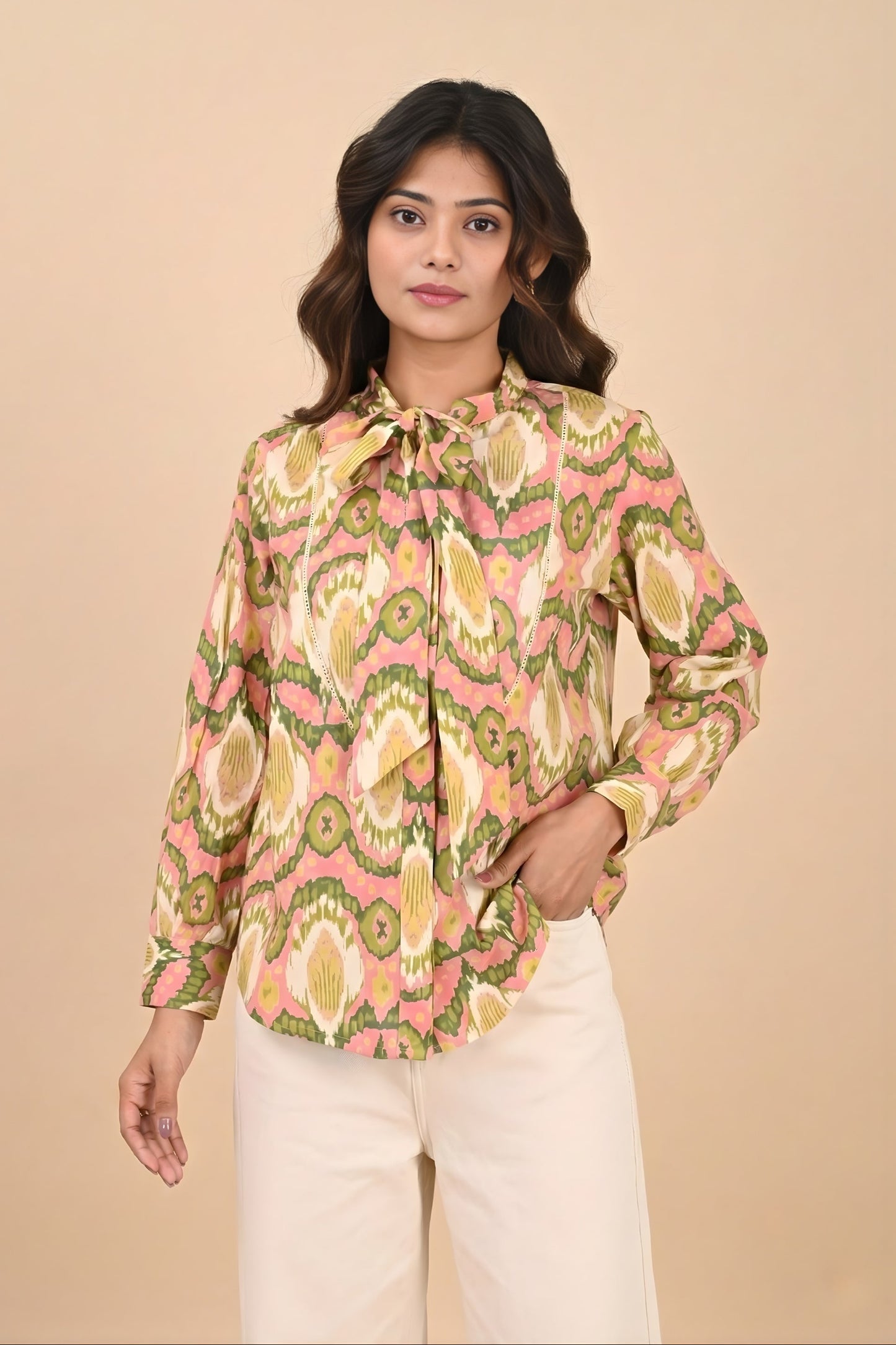 Pink Ikat Neck Tie Shirt