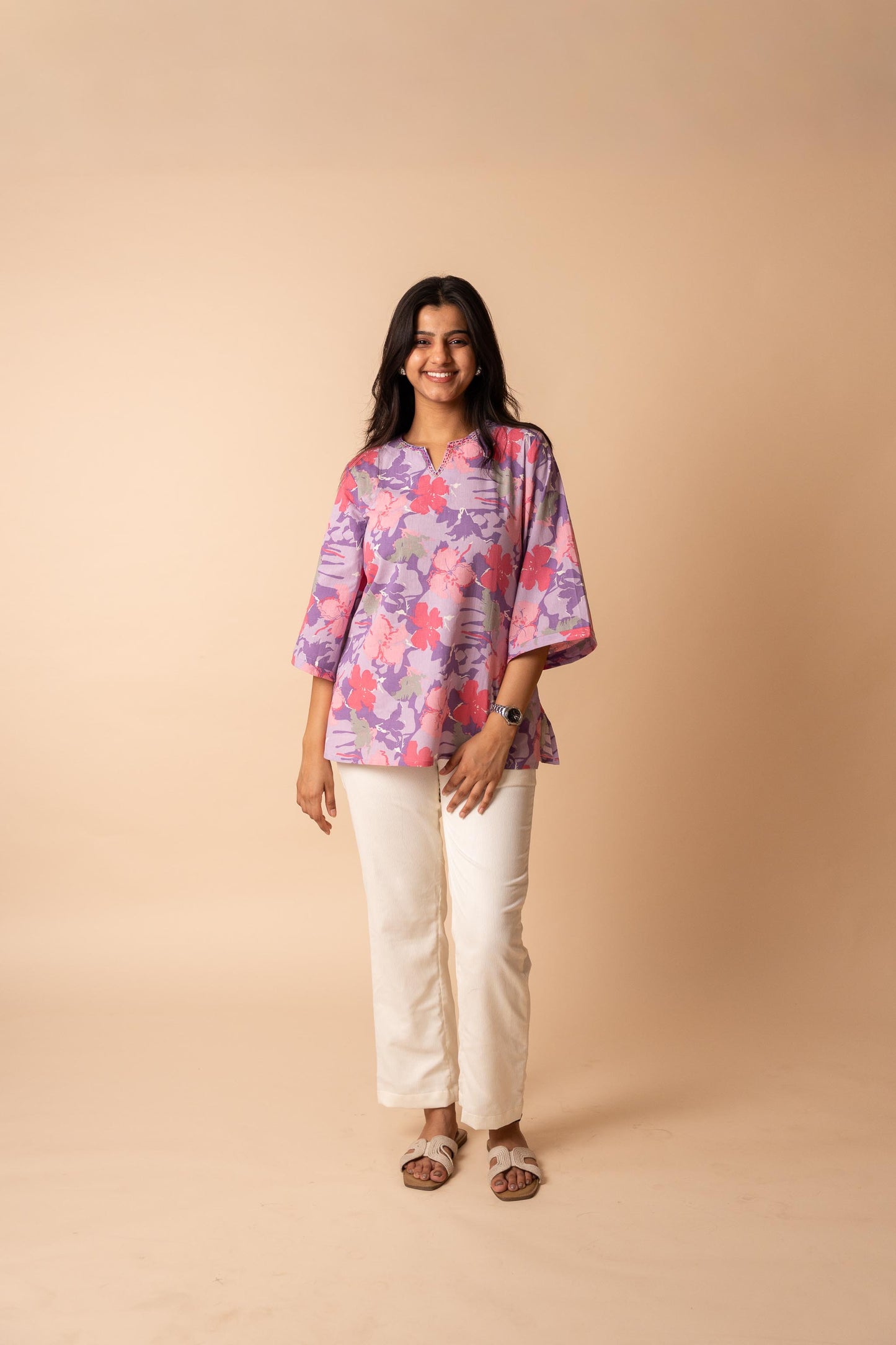 Purple Floral Printed Flex Cotton Tunic