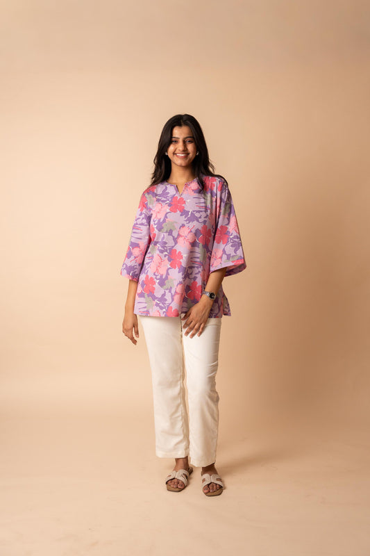 Purple Floral Printed Flex Cotton Tunic