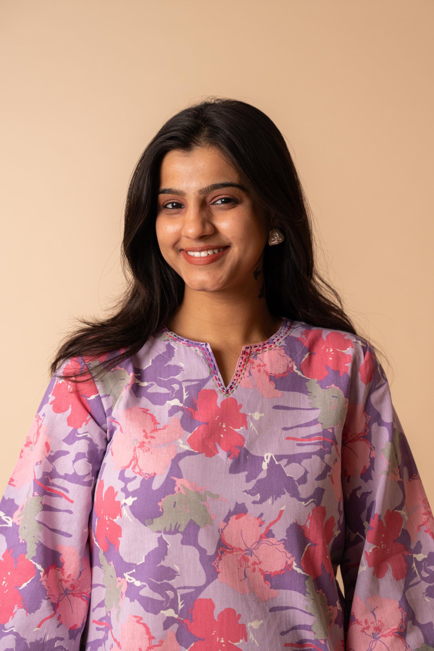 Purple Floral Printed Flex Cotton Tunic