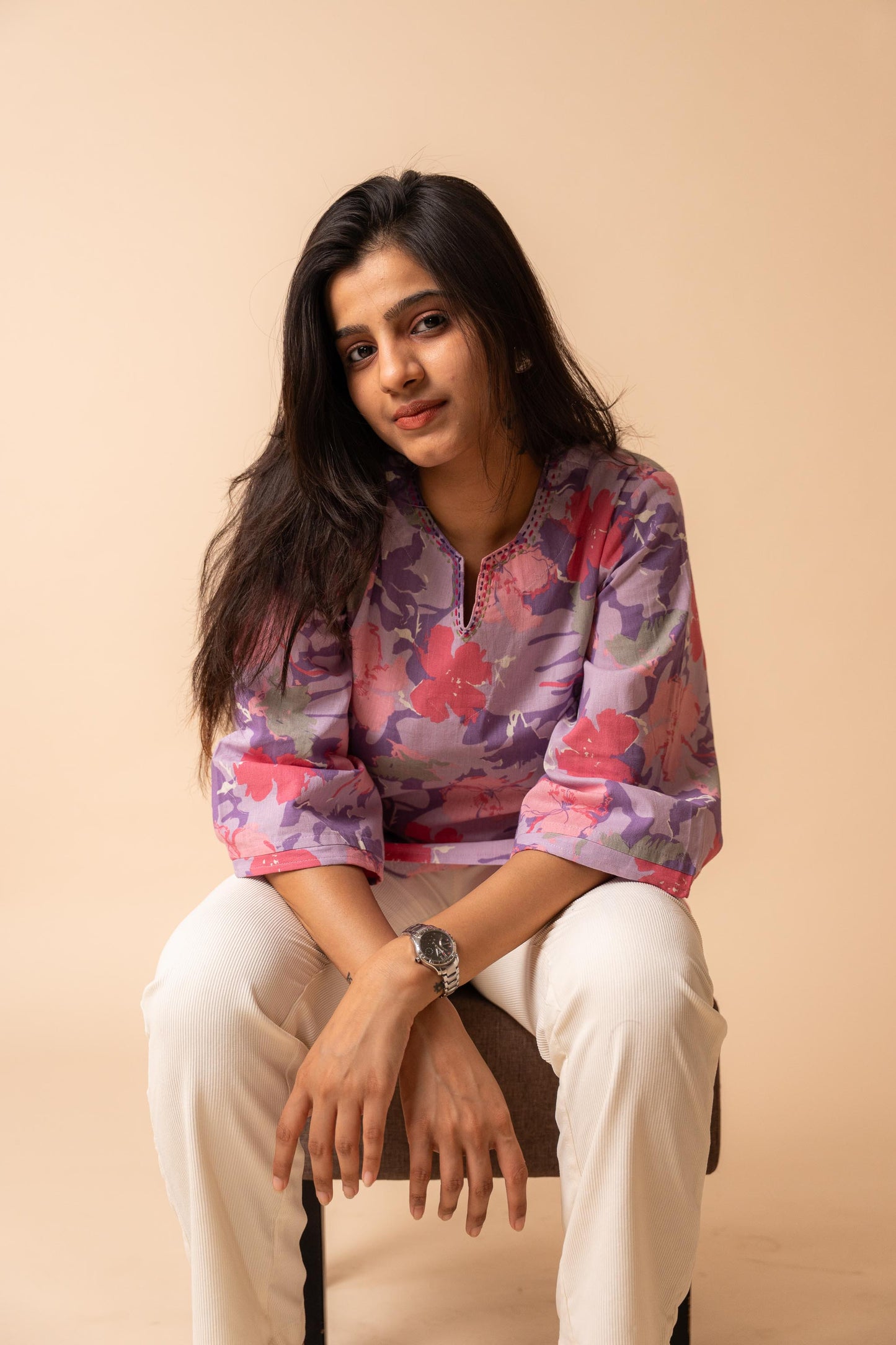 Purple Floral Printed Flex Cotton Tunic