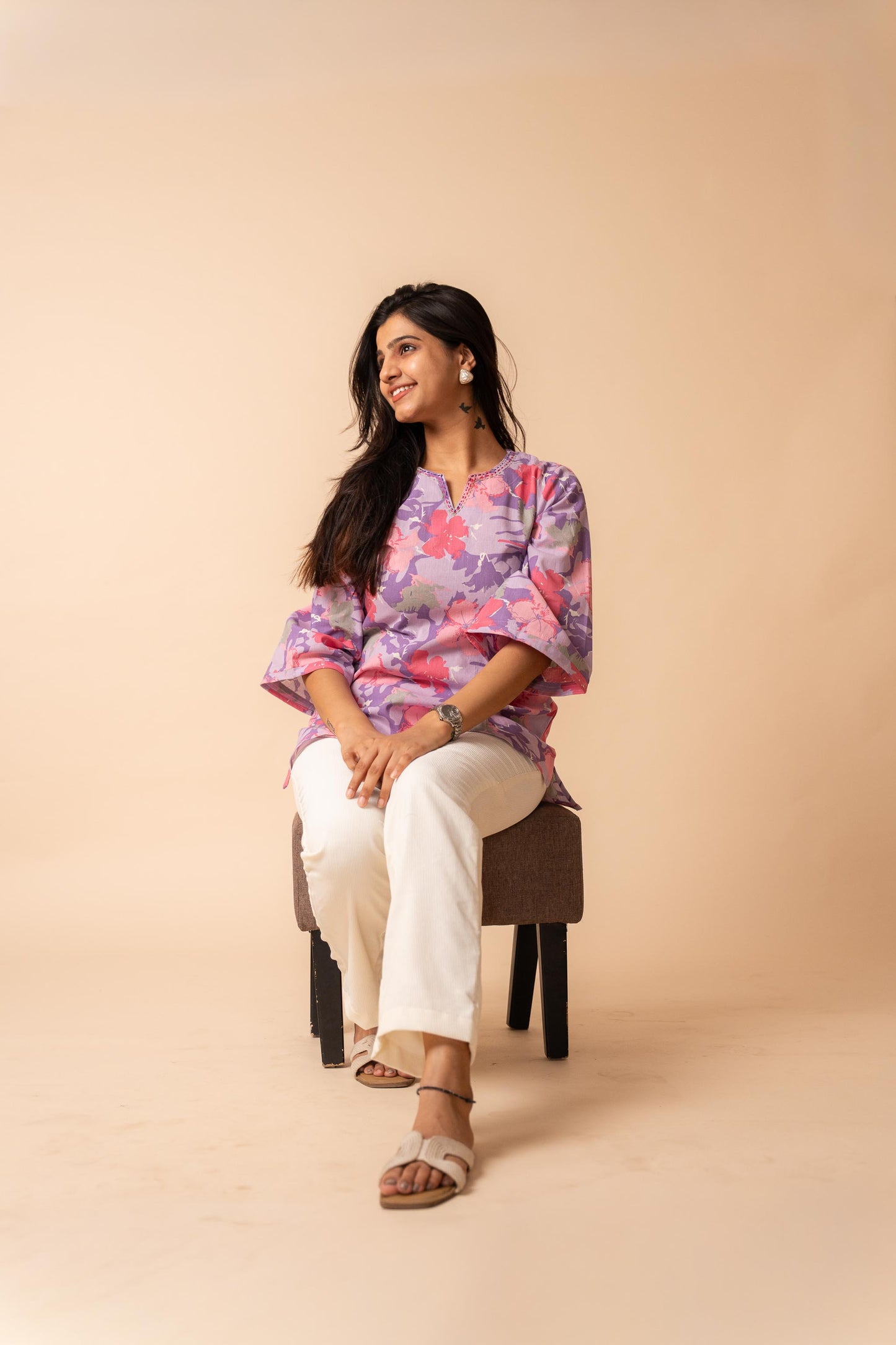 Purple Floral Printed Flex Cotton Tunic
