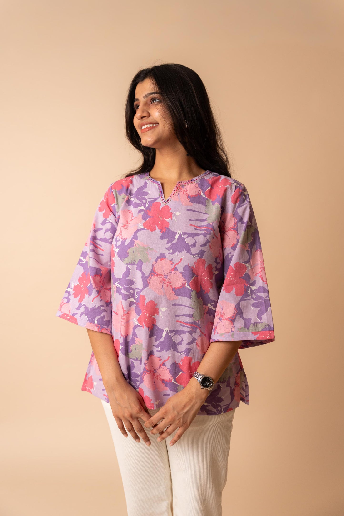 Purple Floral Printed Flex Cotton Tunic