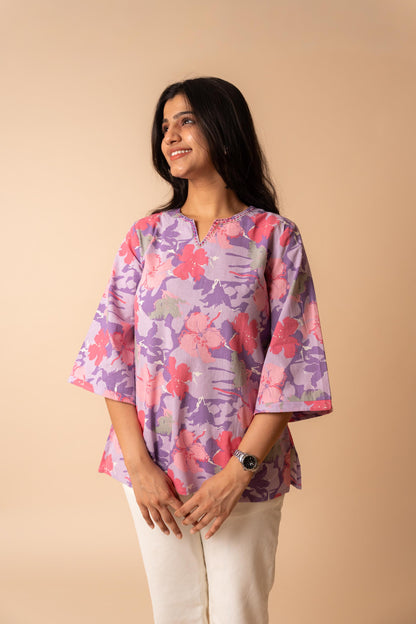 Purple Floral Printed Flex Cotton Tunic