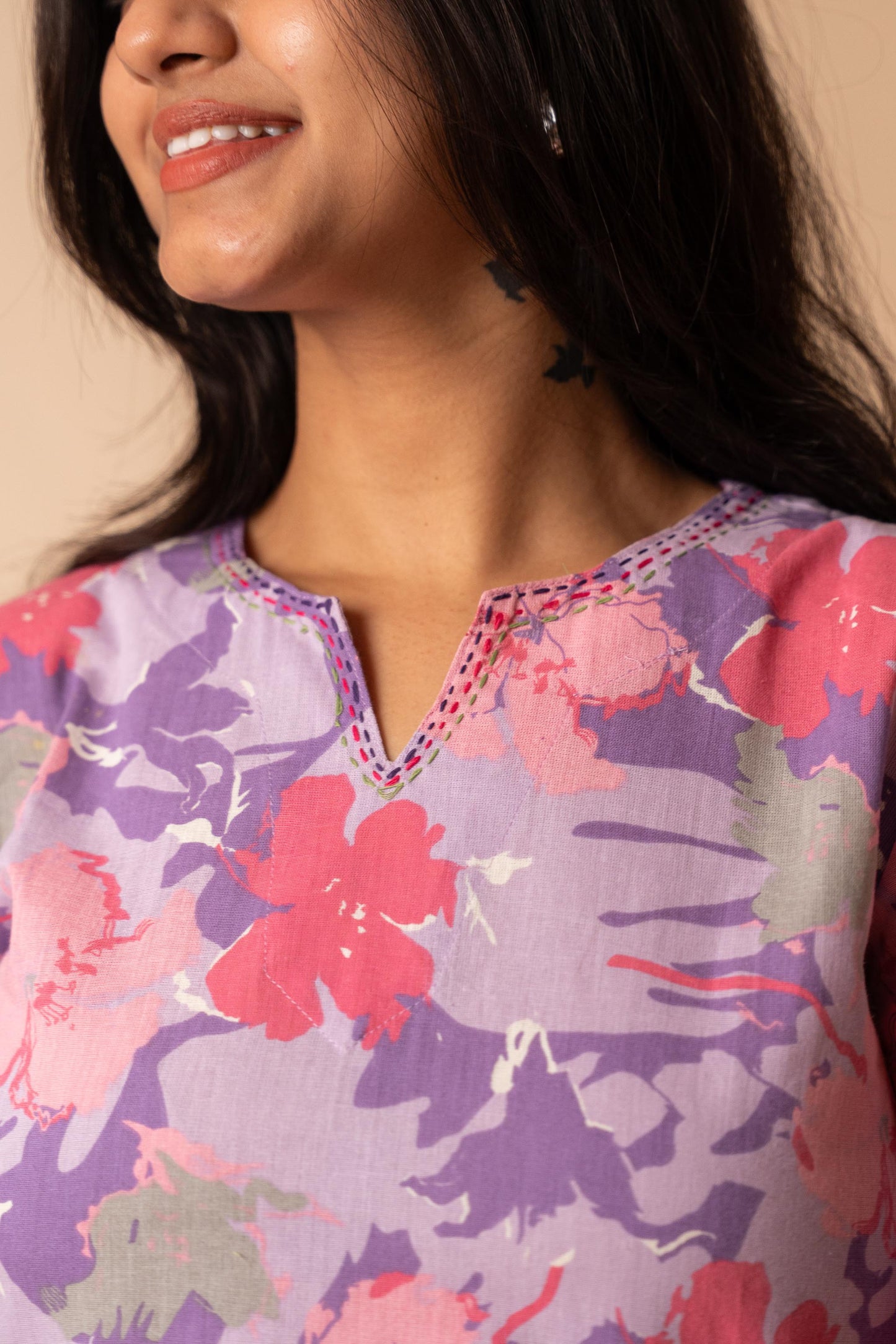 Purple Floral Printed Flex Cotton Tunic