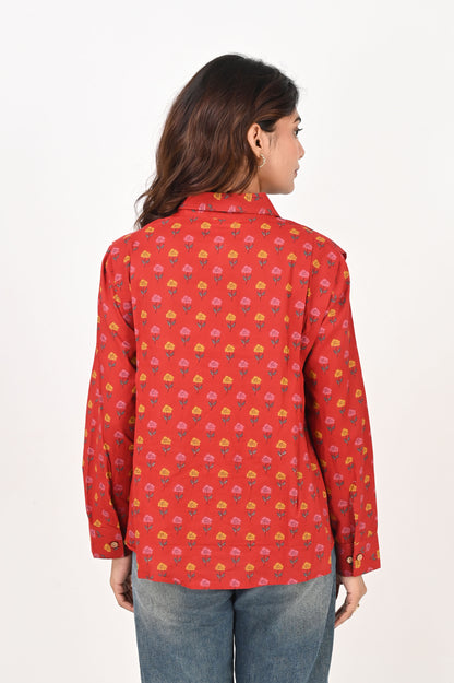 Red Flower Motif Pleated Shirt