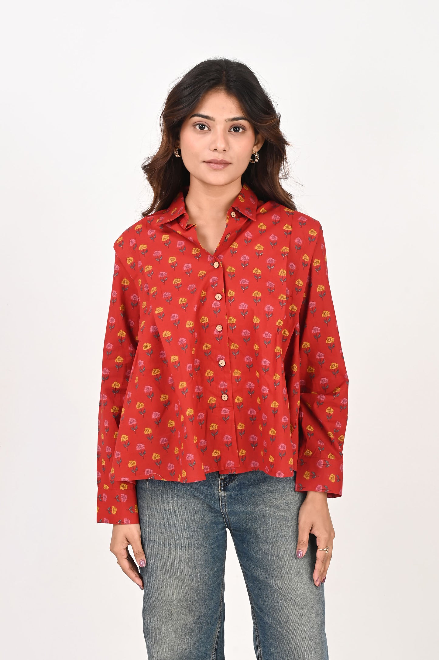 Red Flower Motif Pleated Shirt