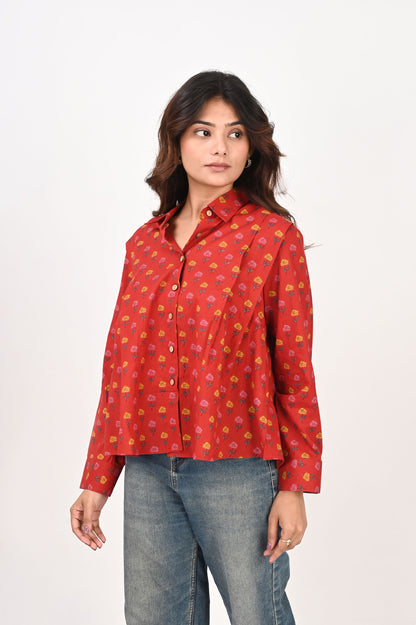 Red Flower Motif Pleated Shirt
