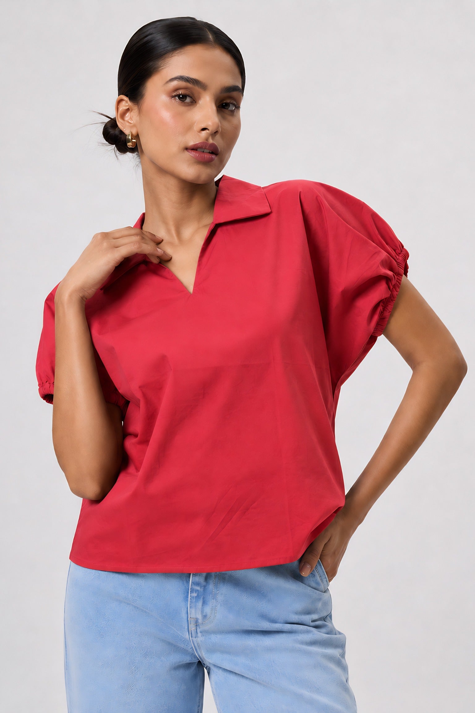 Red Poplin Collared Shirt