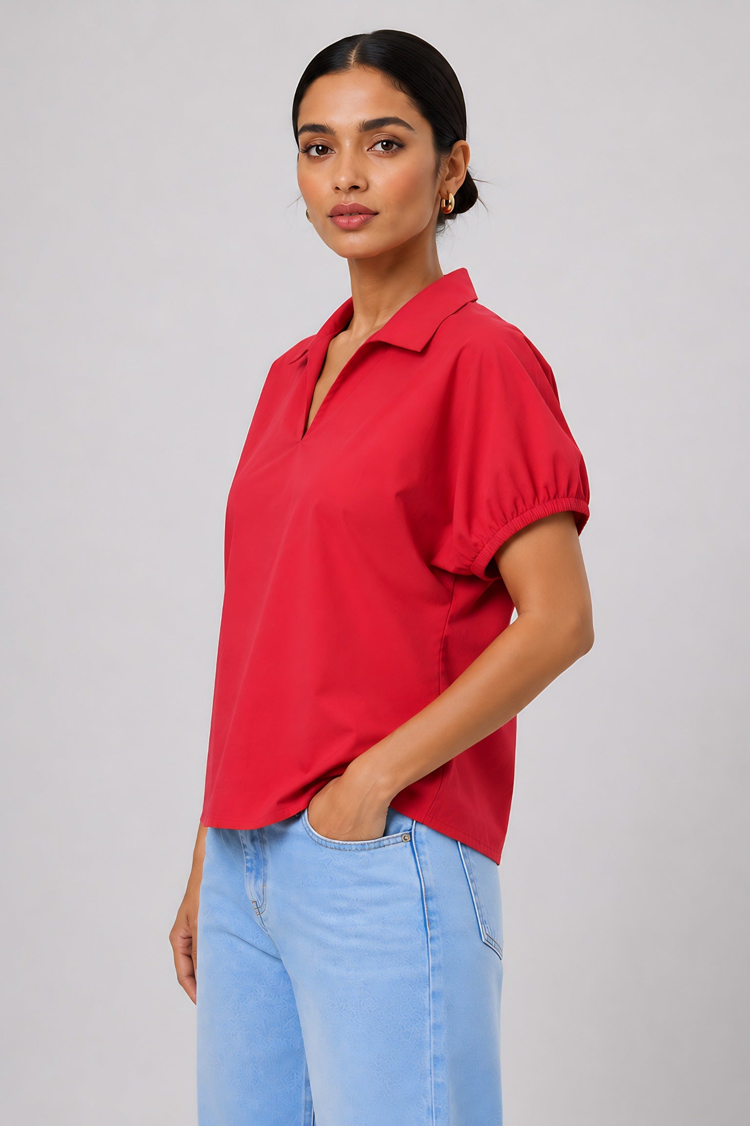 Red Poplin Collared Shirt