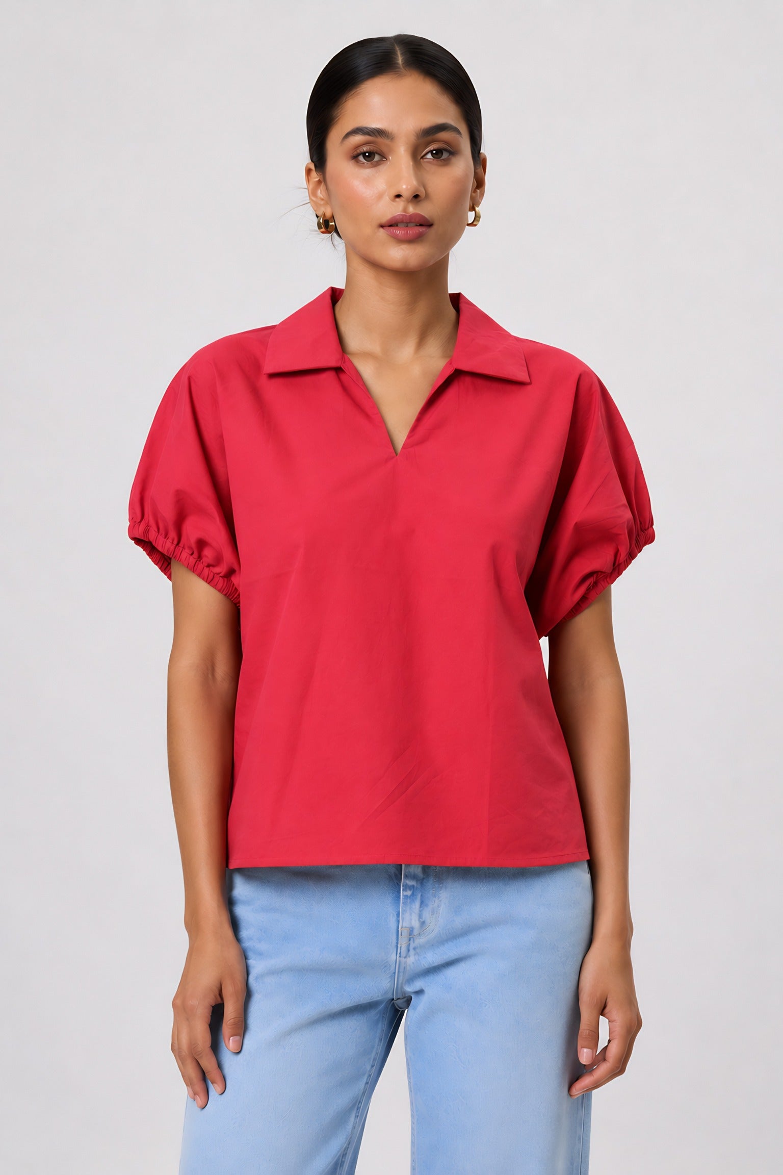 Red Poplin Collared Shirt