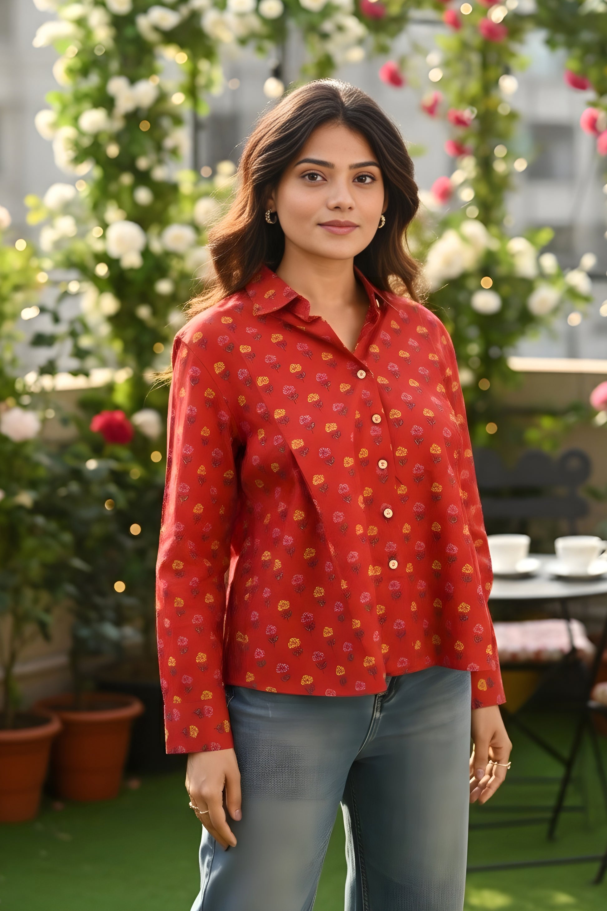 Red Flower Motif Pleated Shirt Women's Valentine's Day Top