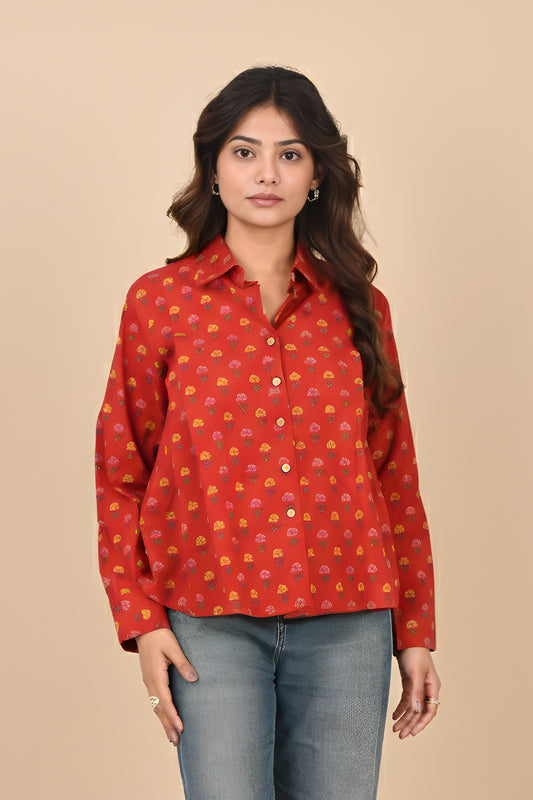 Red Flower Motif Pleated Shirt