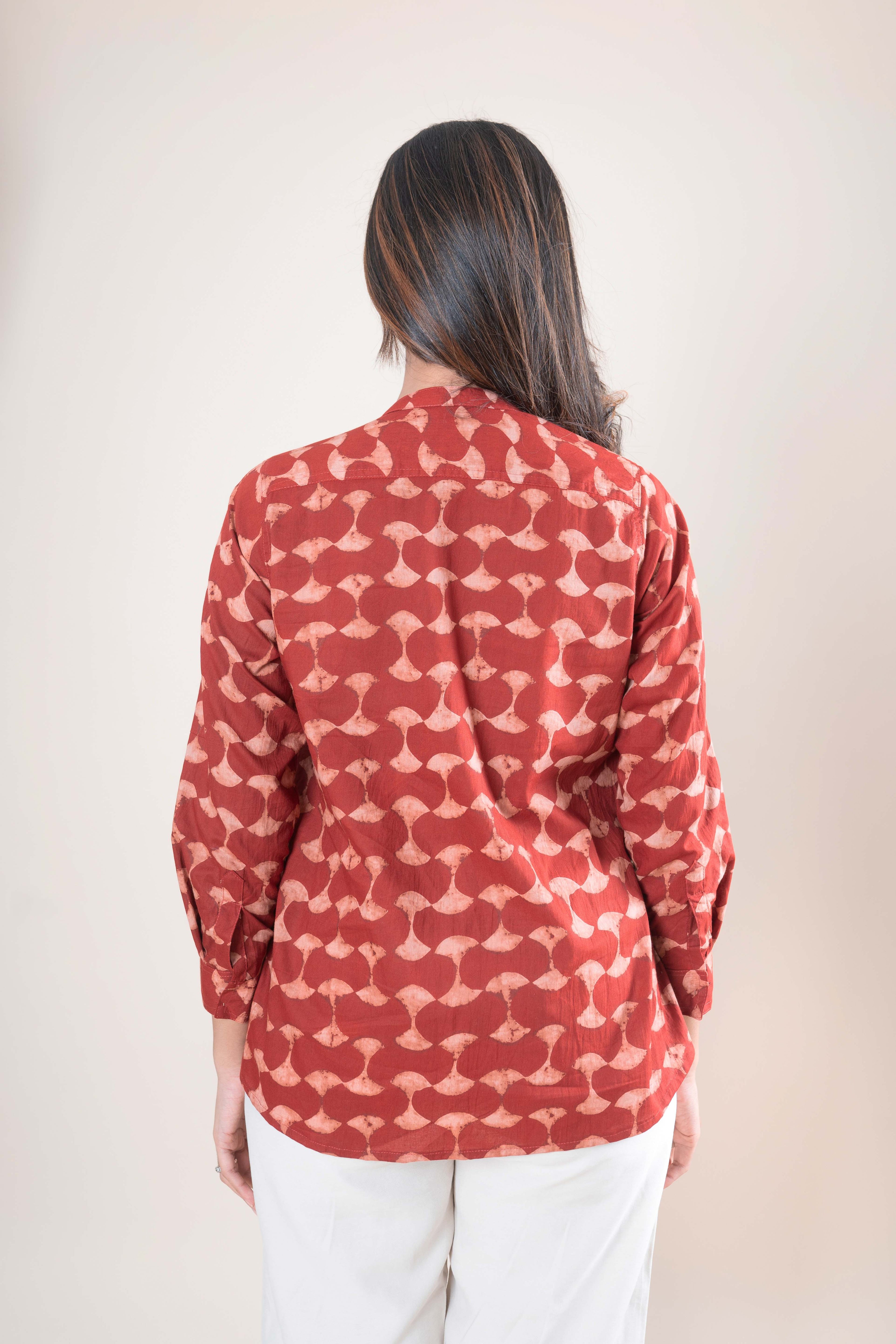 neckline detail of Brick Red Printed Shirt available in sizes XS to 6XL, women's tunic