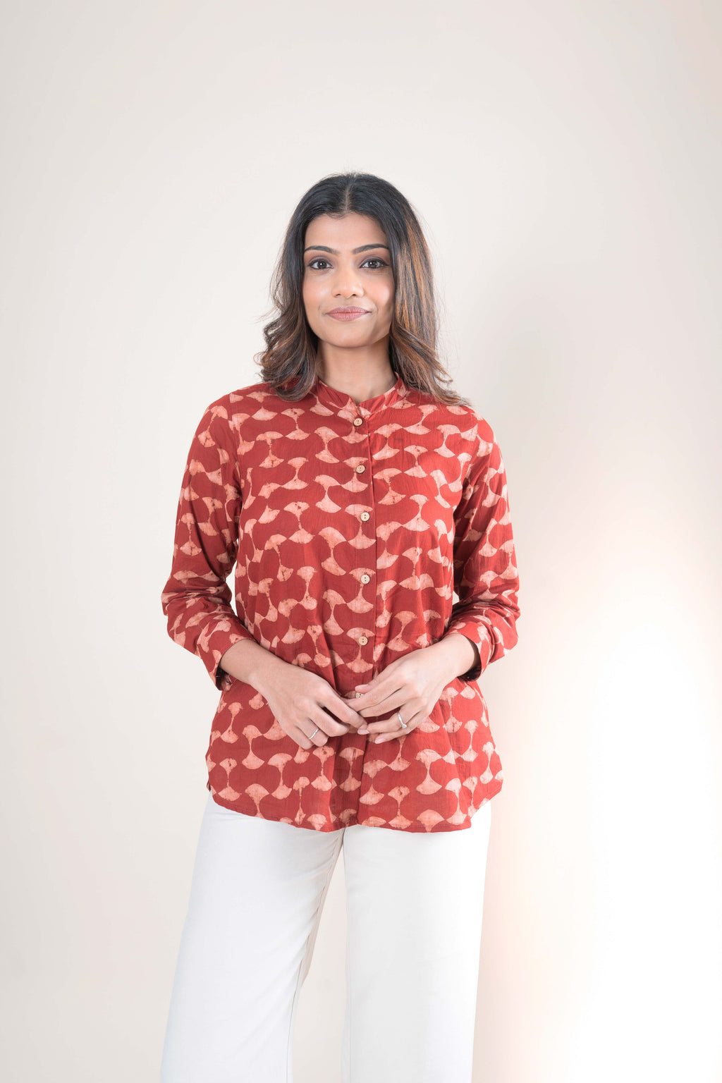 sleeve detail of Brick Red Printed Shirt in cotton with mandarin collar, women's tunic