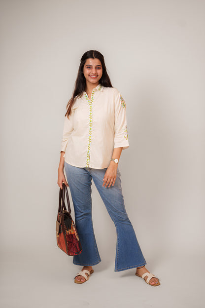 Natural Flex Cotton A-Line Tunic with Collar & Embroidery