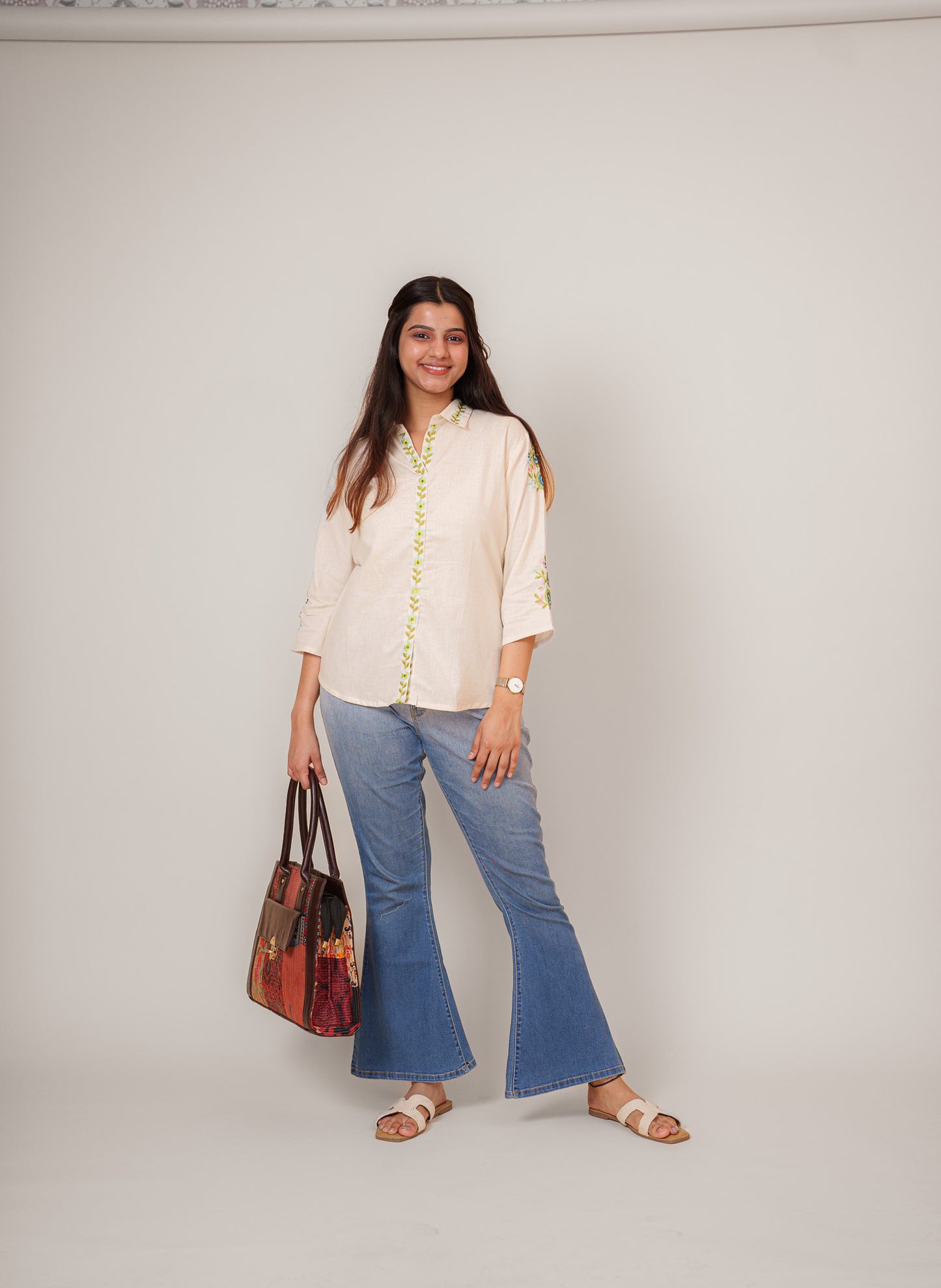 Natural Flex Cotton A-Line Tunic with Collar & Embroidery