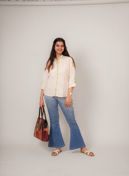 Natural Flex Cotton A-Line Tunic with Collar & Embroidery