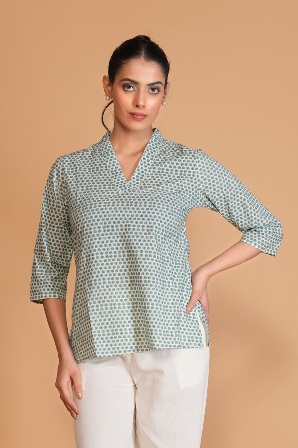 Sage Green Polka Dot Straight Cotton Top