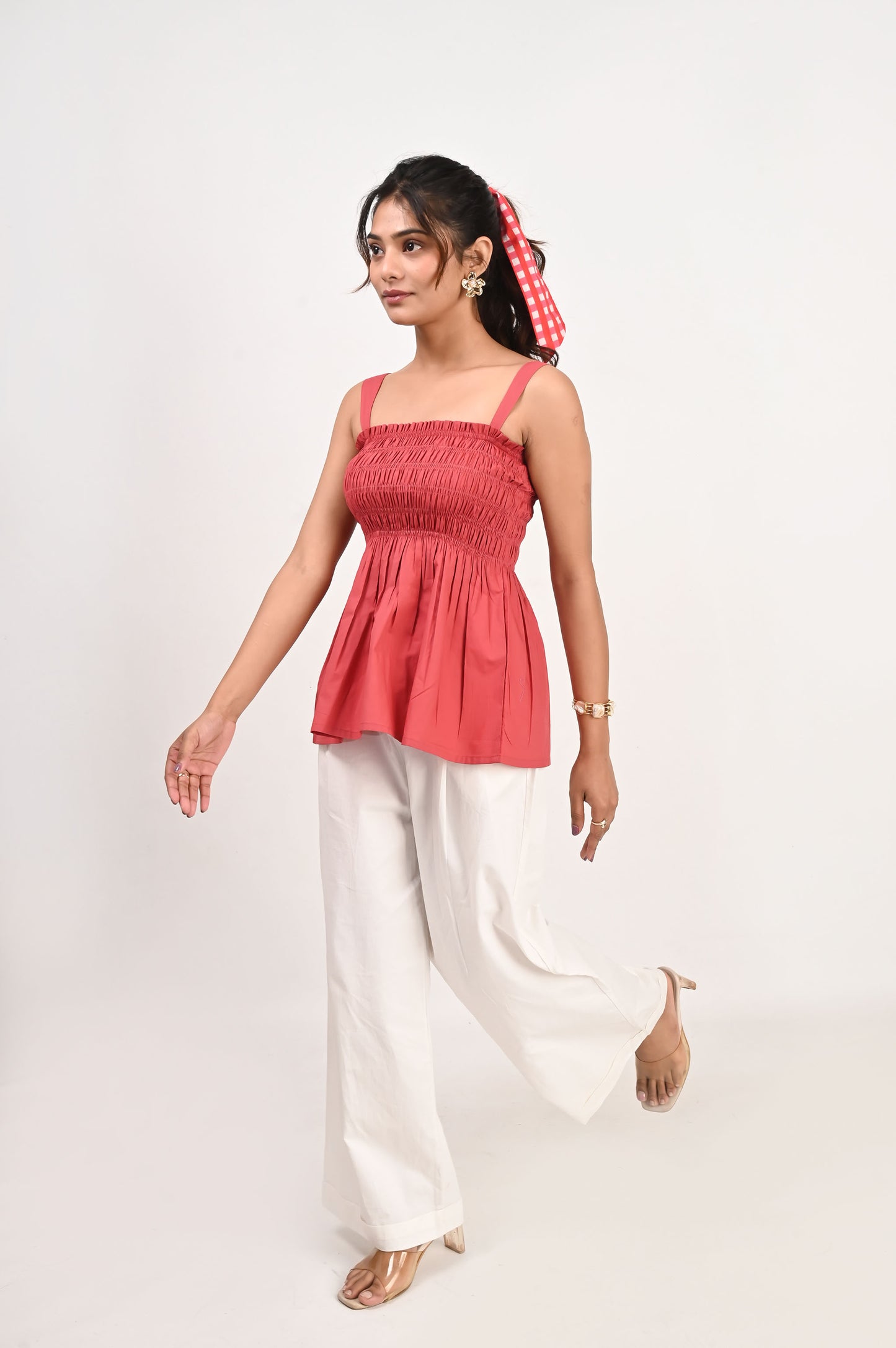 Scarlet Poplin Smocked Top