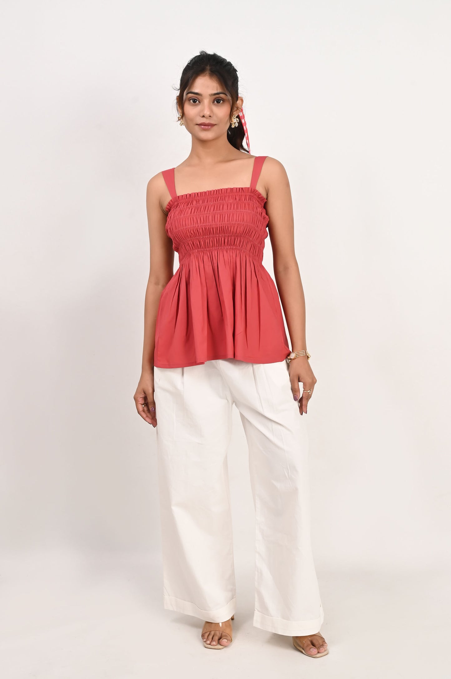 Scarlet Poplin Smocked Top