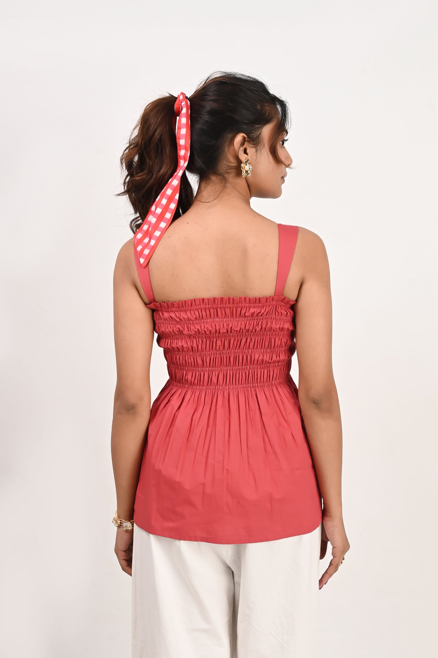 Scarlet Poplin Smocked Top