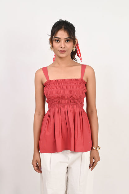 Scarlet Poplin Smocked Top