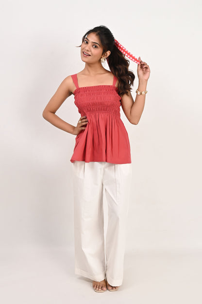 Scarlet Poplin Smocked Top