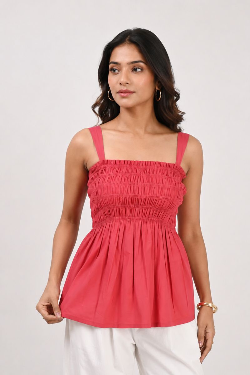 Scarlet Poplin Smocked Top